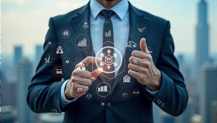 A businessman touching a virtual screen with a button representing global communication and technology concepts