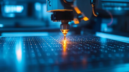 Close-up of robotic arm precisely drilling a circuit board.