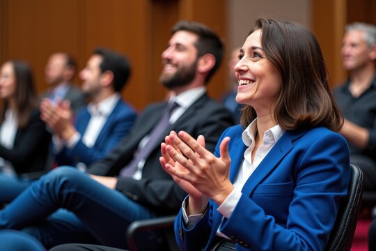 Professional Business Conference: Audience Applauding Speaker in Formal Setting, Ideal for Corporate Training and Seminar Materials