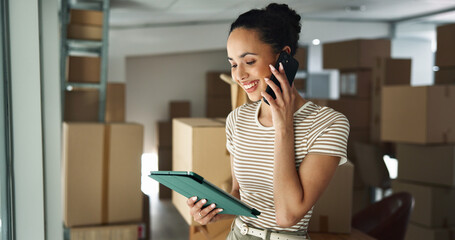 Phone call, supply chain and woman on tablet with boxes for shipping, online orders and ecommerce....