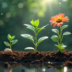 Plants growing in different environments like water soil and ground with nature-inspired themes showing growth and life