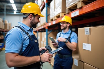 Warehouse Workers Using Digital Tablets for Inventory Management in a Busy Industrial Setting