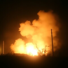 Nighttime Industrial Fire Blaze Illuminating Sky