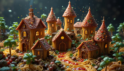 A highly detailed and realistic village crafted from meatballs and spaghetti. Saucy meatball buildings, spaghetti structures, and basil trees are enhanced with vibrant lighting and textures.