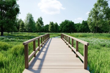 A serene wooden bridge stretches over lush green grass, inviting exploration in a tranquil natural setting.