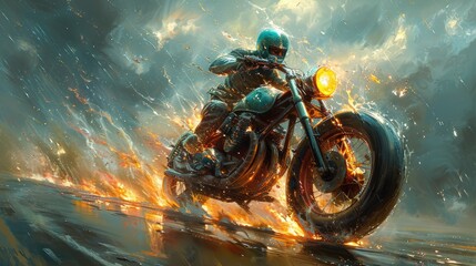 Fiery motorbike speeding through rain.