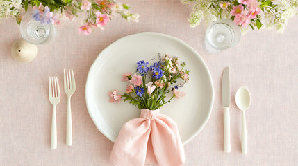 spring table setting with handmade ceramic plate and fresh flowers
