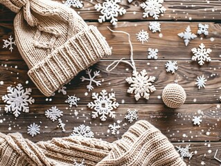 Sweater and hat on wooden background