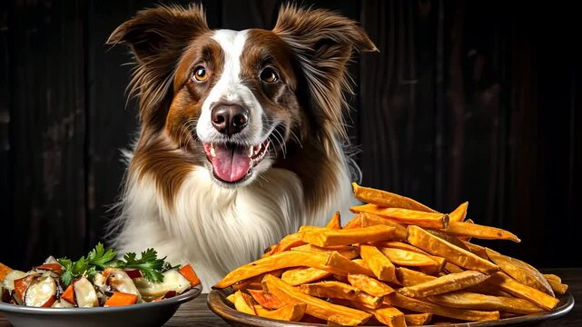 Happy border collie deciding between a bowl of healthy vegetables and a plate of sweet potato fries, promoting the importance of balanced nutrition for pets