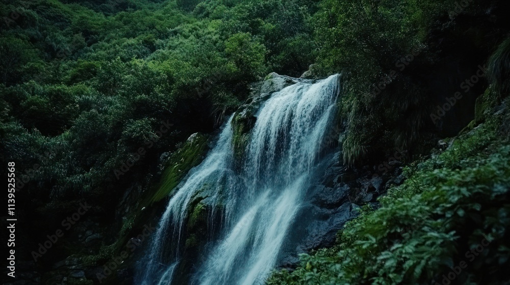 Aufkleber a serene waterfall cascading through lush greenery in a tranquil natural setting.
