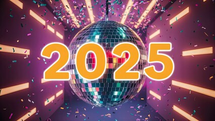 Retro Disco Ball Spinning with Vibrant Lights and Confetti, 2025 Illuminated