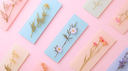 Handmade floral bookmarks arranged on pastel backgrounds, showcasing nature beauty