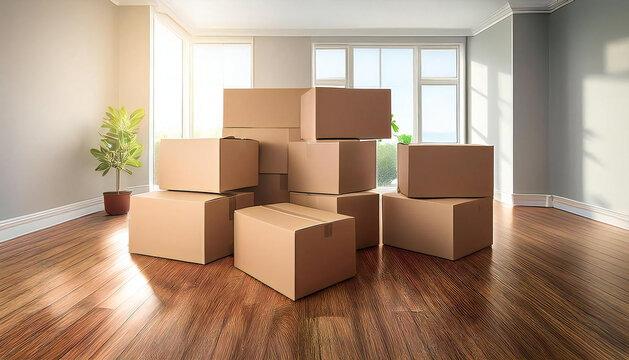 A mountain of cardboard boxes in a beautiful room. A room with light shining through the window and cardboard boxes.