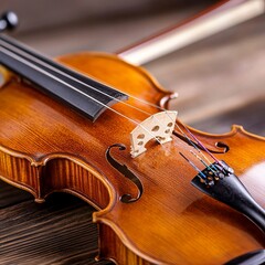 Fototapeta premium Polished Violin Closeup on Wooden Surface