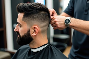 Professional Haircut in Progress: Expert Barber Styling a Trendy Fade with Precision and Care, Perfect for Advertising Salon Services and Promoting Grooming Excellence