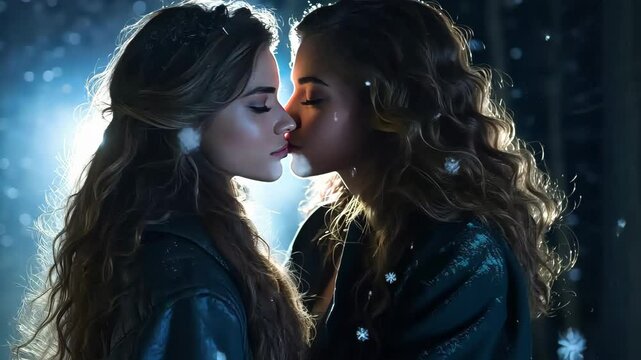 Two beautiful actresses with long, wavy hair sharing a kiss under softly falling snowflakes at night, creating a romantic and enchanting atmosphere filled with love and intimacy. Lgbt concept