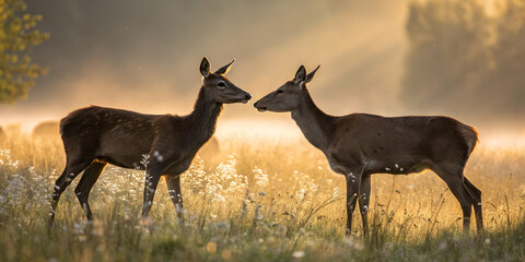 Naklejka premium Tender Moment Between Deer in Morning Light