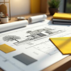 Detailed blueprints for a modern house showcasing meticulous lines and shading lie on a rustic wooden desk. Bright yellow notebooks and rolls of paper add a lively touch to the serene atmosphere