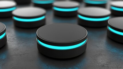 Futuristic black cylinders with glowing blue rings on dark surface.