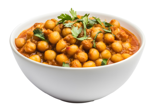 Chana masala in a white bowl on a transparent background. isolated background.