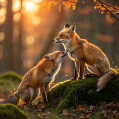 Red Fox Pair in Autumn Light on Mossy Ground