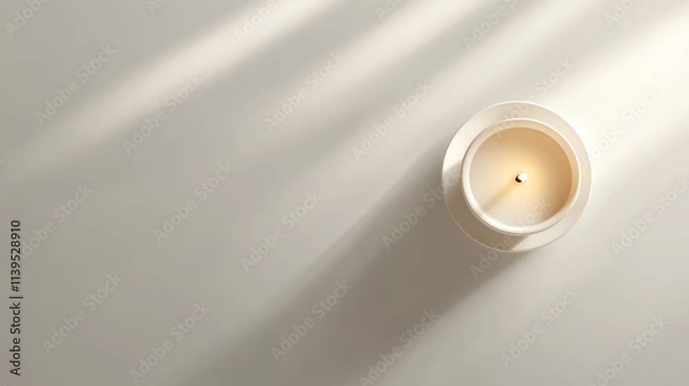 Poster a simple white candle on a light surface, casting soft shadows.