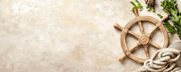 Nautical Decor Ship Wheel, Rope, and Parsley on Beige Background