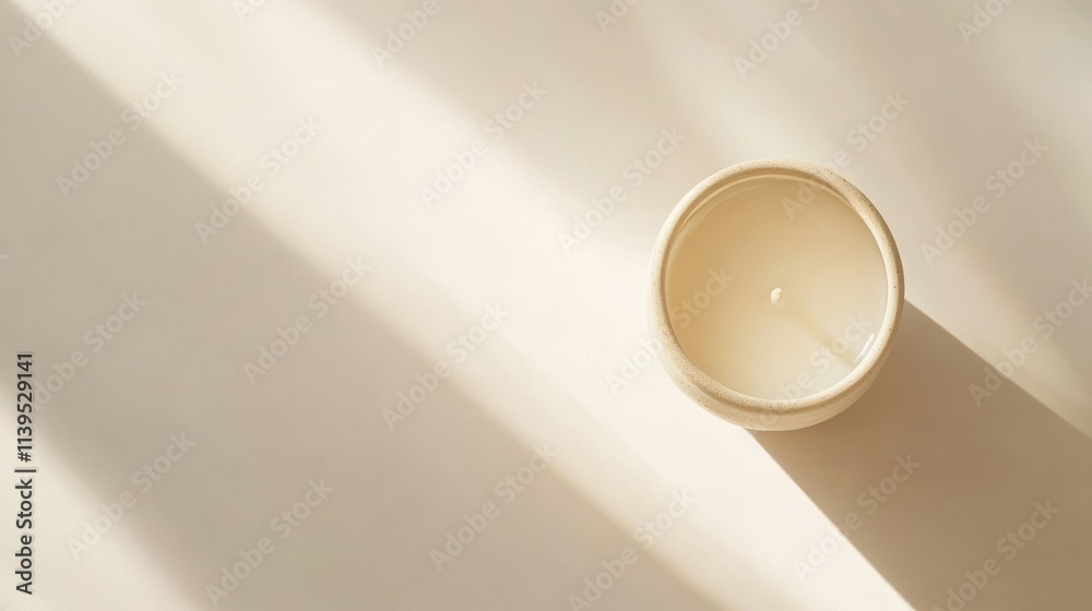 Poster a simple white candle sits on a light surface, casting soft shadows.