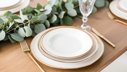 Elegant table setting featuring gold-accented plates, glassware, and greenery, perfect for special occasions or gatherings.