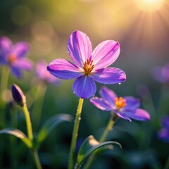 Fototapeta premium Violet blooms with delicate morning dew drops lightly, naturephotography, dewdrops