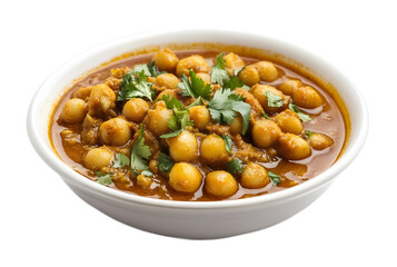 Chana masala in a white bowl on a transparent background. isolated background.