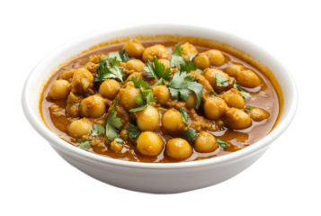Chana masala in a white bowl on a transparent background. isolated background.