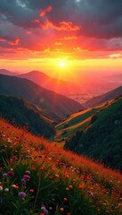 Sun rises over hills, casting warm glow on the countryside, sunrise, nature, countryside