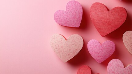 Fototapeta premium Heart-shaped cutouts in varying shades of pink and red, arranged on a soft pink background.