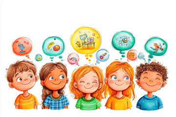 Clip art of happy children- smiles and playful facial expressions in an animated cartoon style.  Graphics depicting kids playing- perfect for graphic design