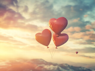 Fototapeta premium Valentine's Day creative banner. Surprise gift with red ribbons and red heart shaped on background. Valentines day concept. copy space 