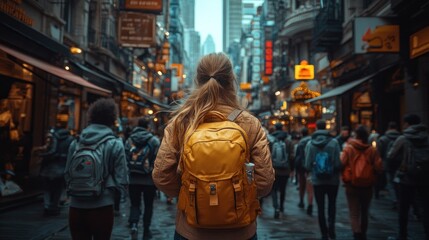 Obraz premium A person with a yellow backpack walks through a bustling urban street filled with people.