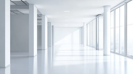 Obraz premium A spacious, modern interior with large windows and minimalistic design.