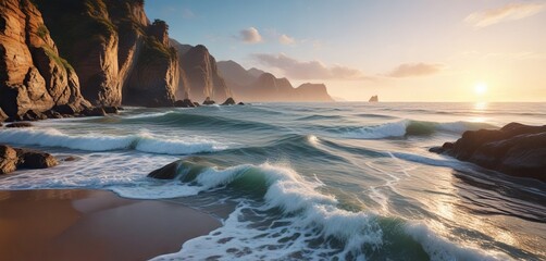 Naklejka premium Serene morning scene with smooth wavy sea and rugged shoreline, landscape, coastal