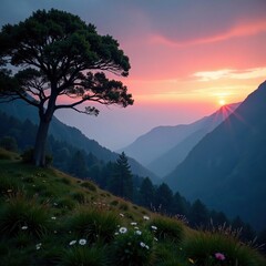 Obraz premium Serene forest at dawn with misty mountains in the background, Landscape, Tree