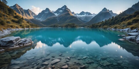 Naklejka premium Serene blue pool in the heart of Mount Aspiring National Park, alpine lake, still water