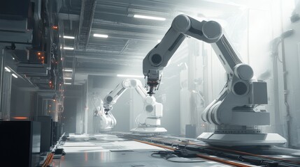 Futuristic robotic arms in a modern factory setting.