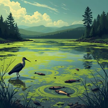 Lake with Algae Blooms and Dead Fish from Water Pollution