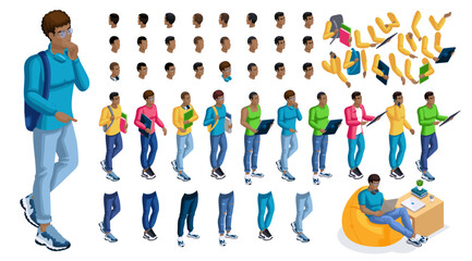 Isometric cartoon people, 3D Set for creating Black Man Student person. Full length gestures isolated, N5. Create your own design for vector