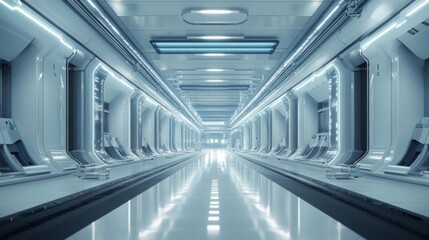Naklejka premium Futuristic white corridor with glowing blue lights and reflective floor.