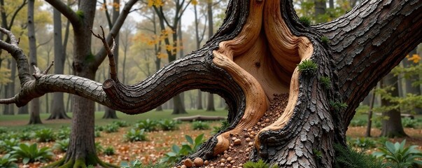 Naklejka premium Oak wood with prominent knots and gnarled branches, wood grain, rough bark, natural world