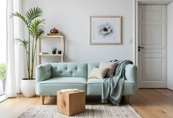 A modern living room with a mint green tufted sofa, a wooden side table, and a framed artwork on the wall. The room has a minimalist and cozy aesthetic.