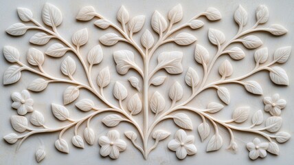 national assembly authority concept. A detailed relief carving of intertwining branches and leaves, showcasing intricate floral elements on a light background.