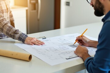 Collaborative Design Session: Architects Reviewing Blueprints in a Modern Office Setting, Ideal for Teamwork and Project Management Concepts