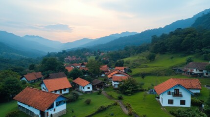 Fototapeta premium Aerial View of a Serene Village Lush Landscape Photo Tranquil Environment Elevated Perspective Peaceful Retreat